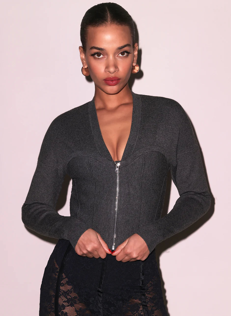 KNIT ZIP BUSTIER CARDIGAN DARK HEATHER GREY – Far off studio
