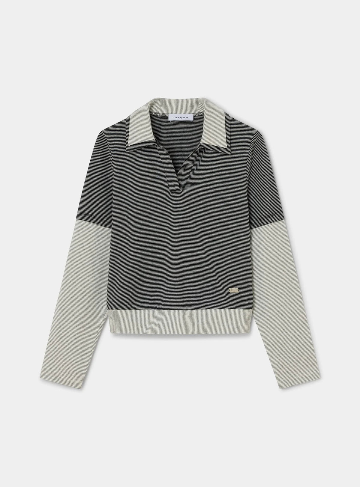 CANDACE GREY STRIPED LONG SLEEVE POLO T-SHIRT
