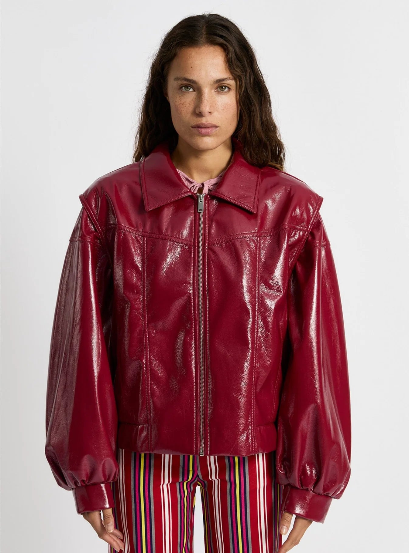 CUPIDO RED FAUX LEATHER BOMBER JACKET