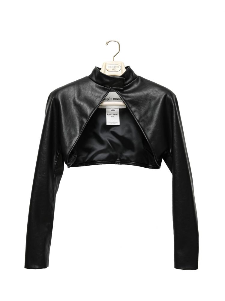 VEGAN LEATHER CROPPED BOLERO JACKET IN BLACK