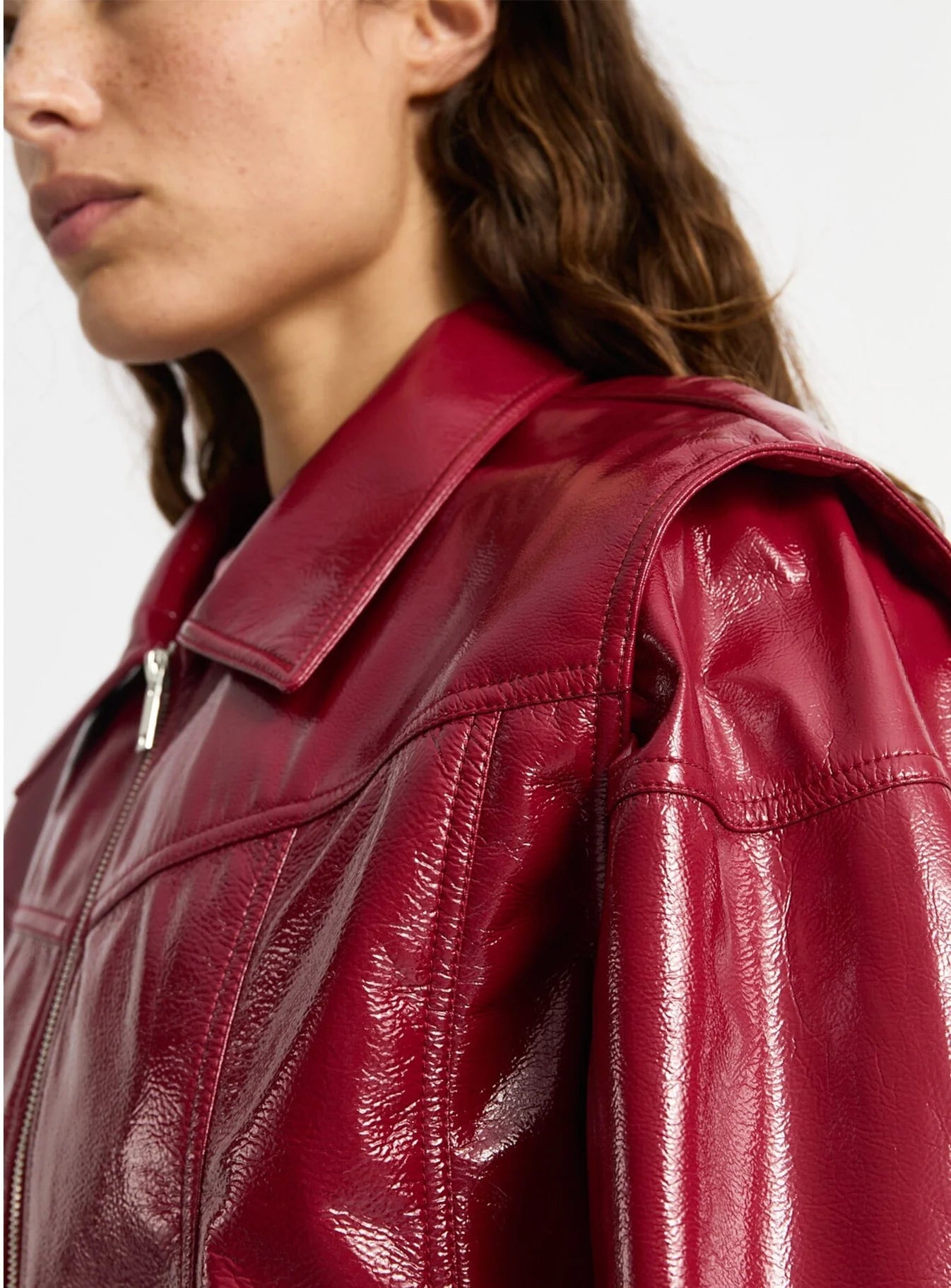 CUPIDO RED FAUX LEATHER BOMBER JACKET