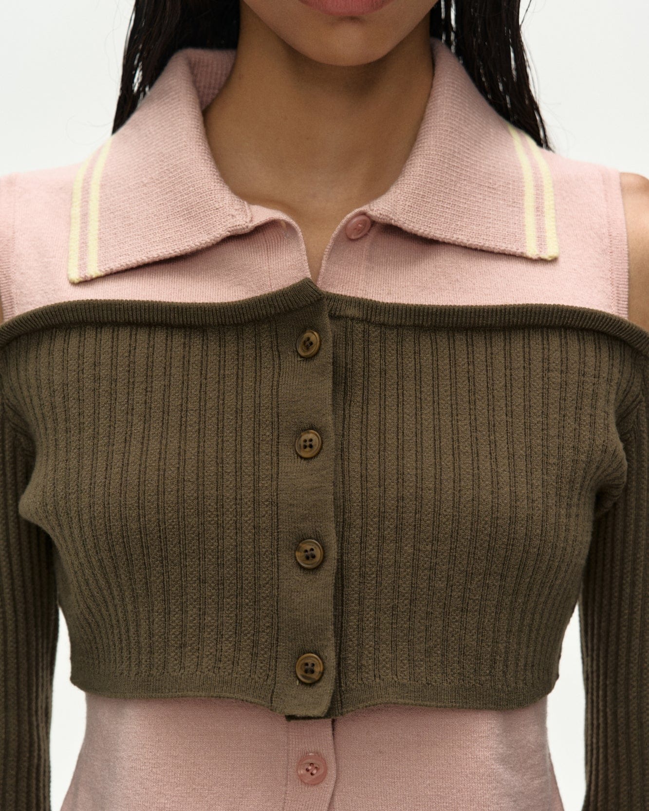 LAYERED OFF-SHOULDER COLLAR TOP IN KHAKI/ PINK