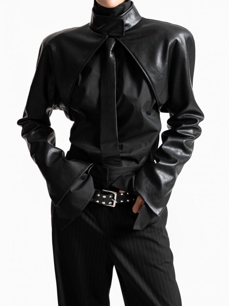 VEGAN LEATHER CROPPED BOLERO JACKET IN BLACK