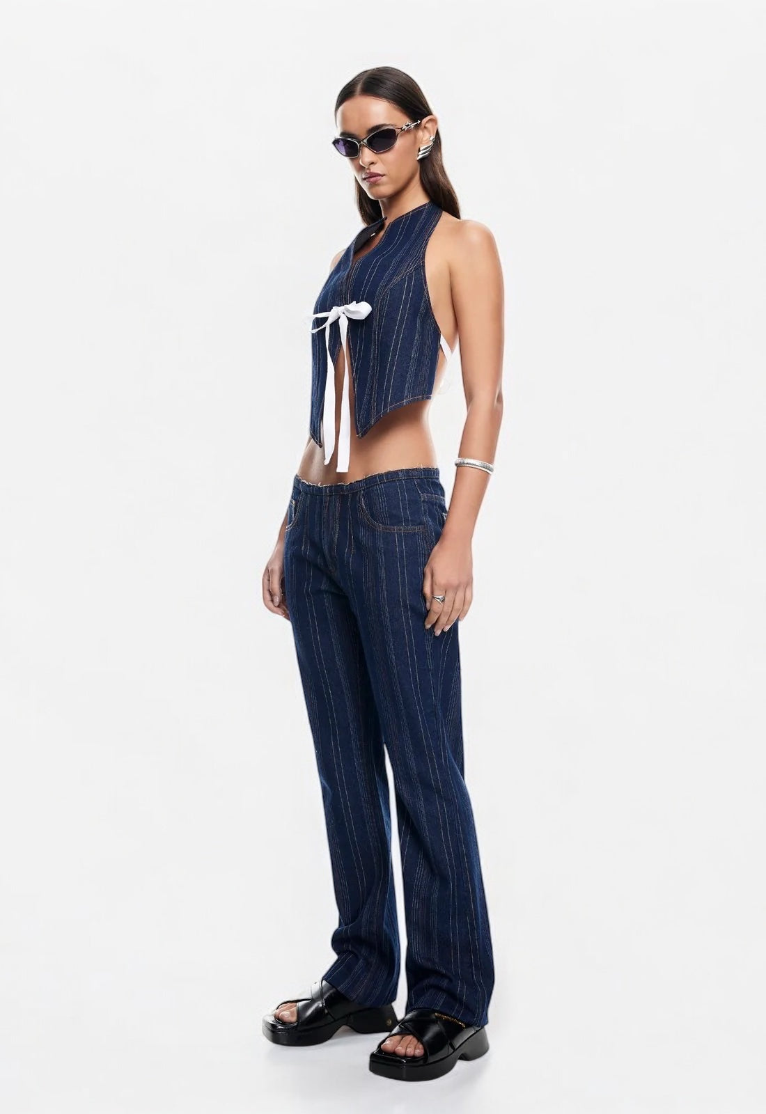 BUTTERFLY TIE TOP DARK DENIM STRIPE