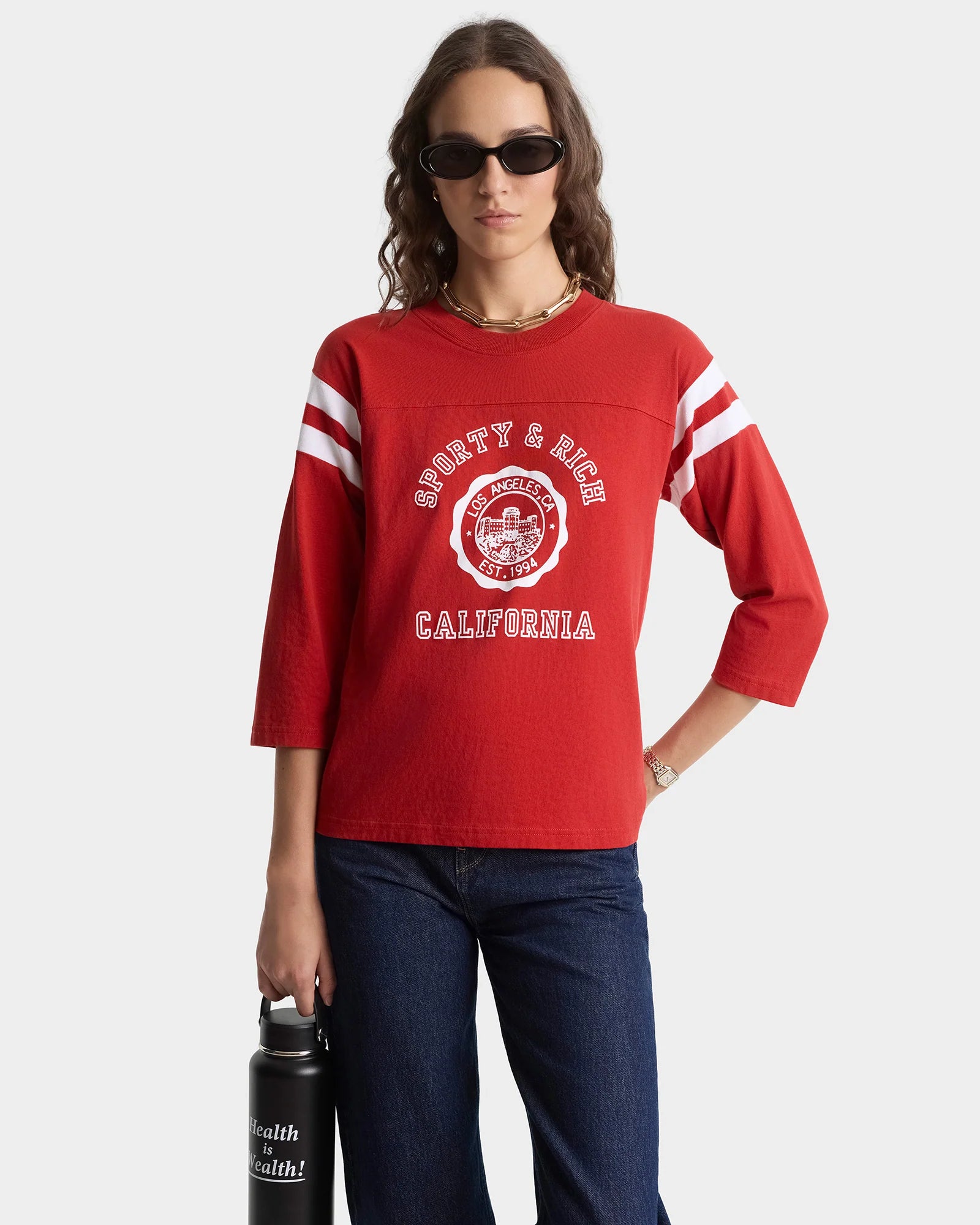 CALIFORNIA EMBLEM LONG FOOTBALL TEE - RUBY/WHITE