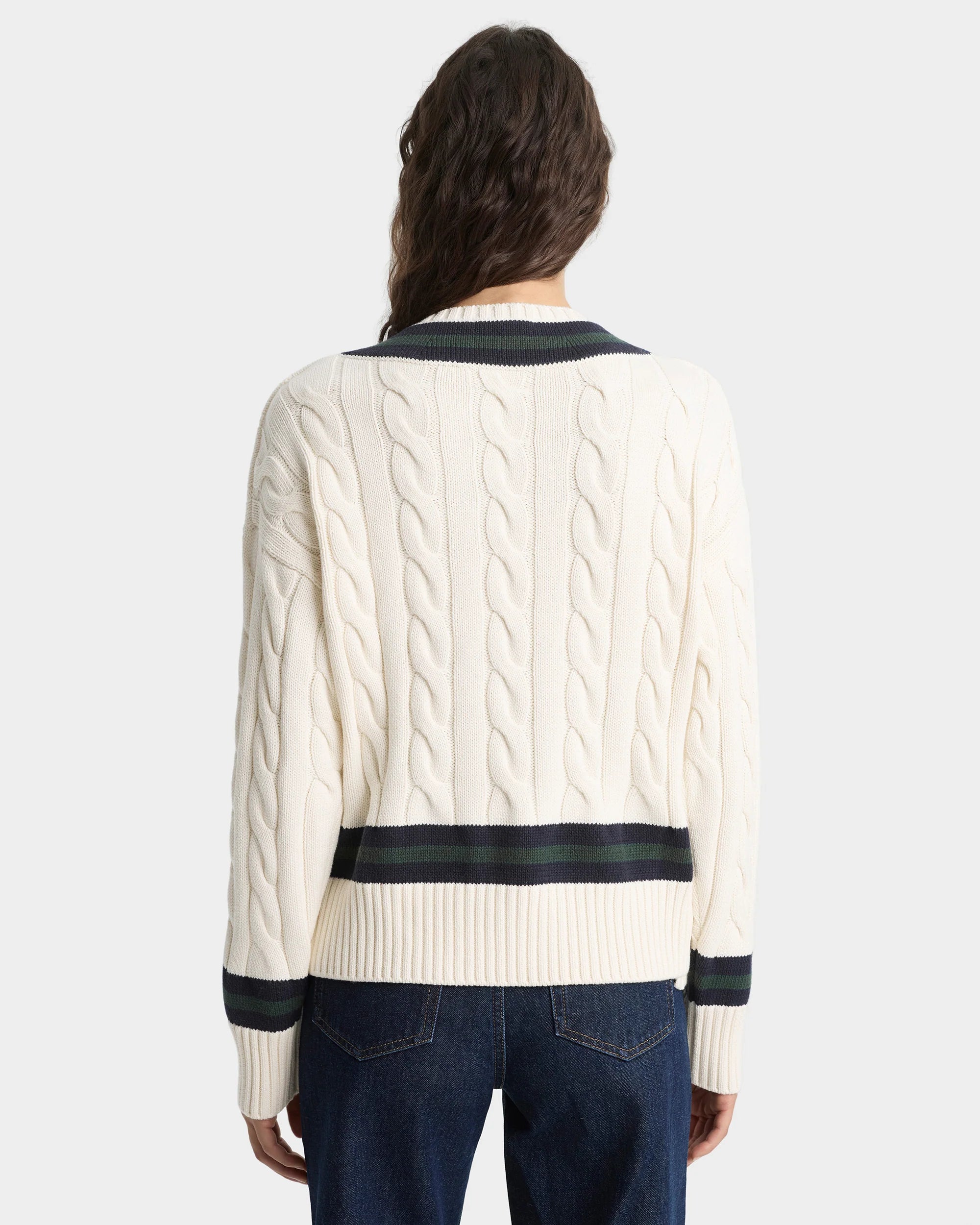 SRC CABLEKNIT V-NECK SWEATER - ECRU/NAVY/FOREST