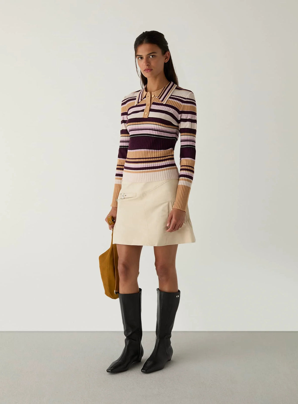 ILYANA CAMEL STRIPED POLO KNIT