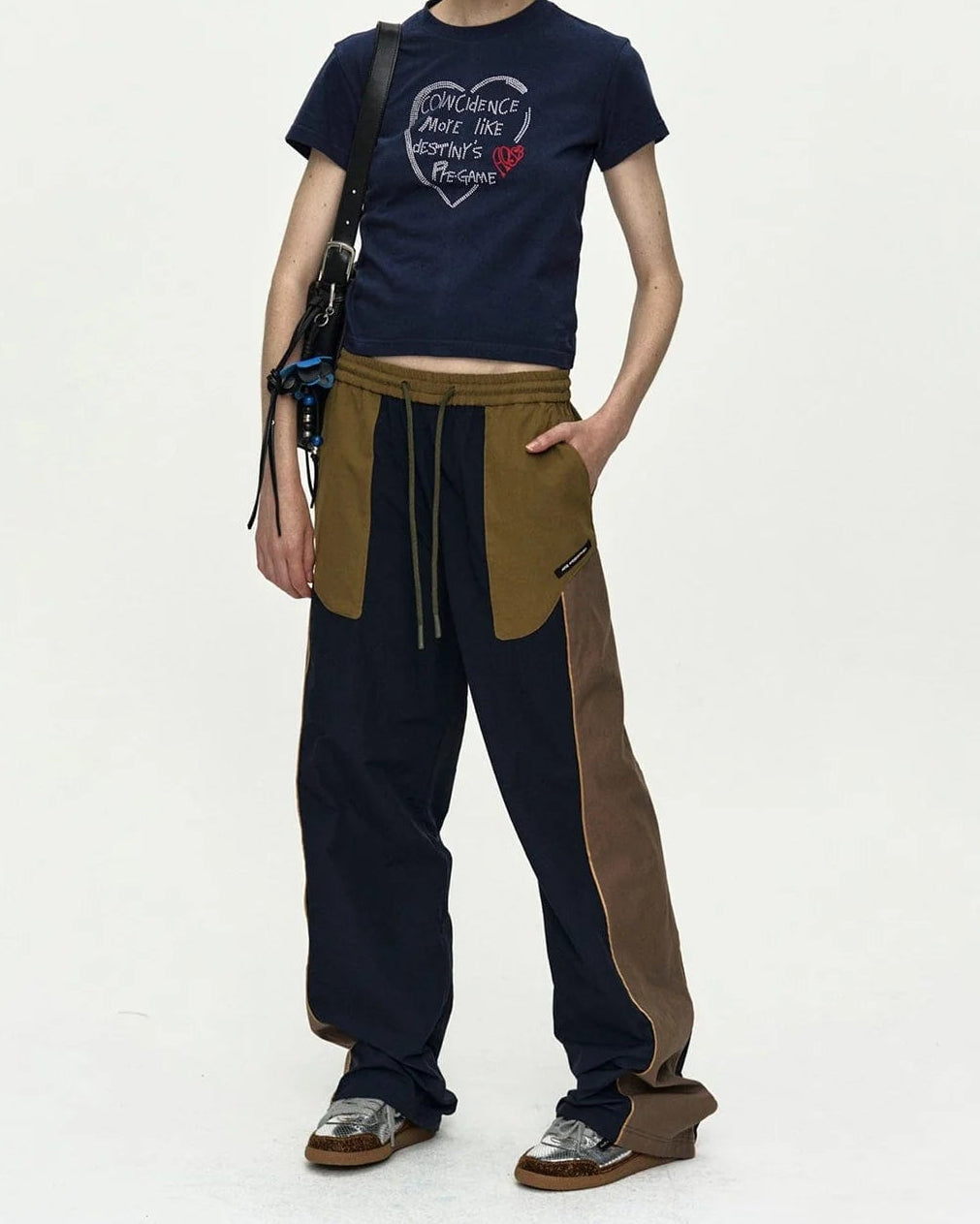 UNISEX COLOR BLOCK NYLON TRACK PANTS IN NAVY/KHAKI