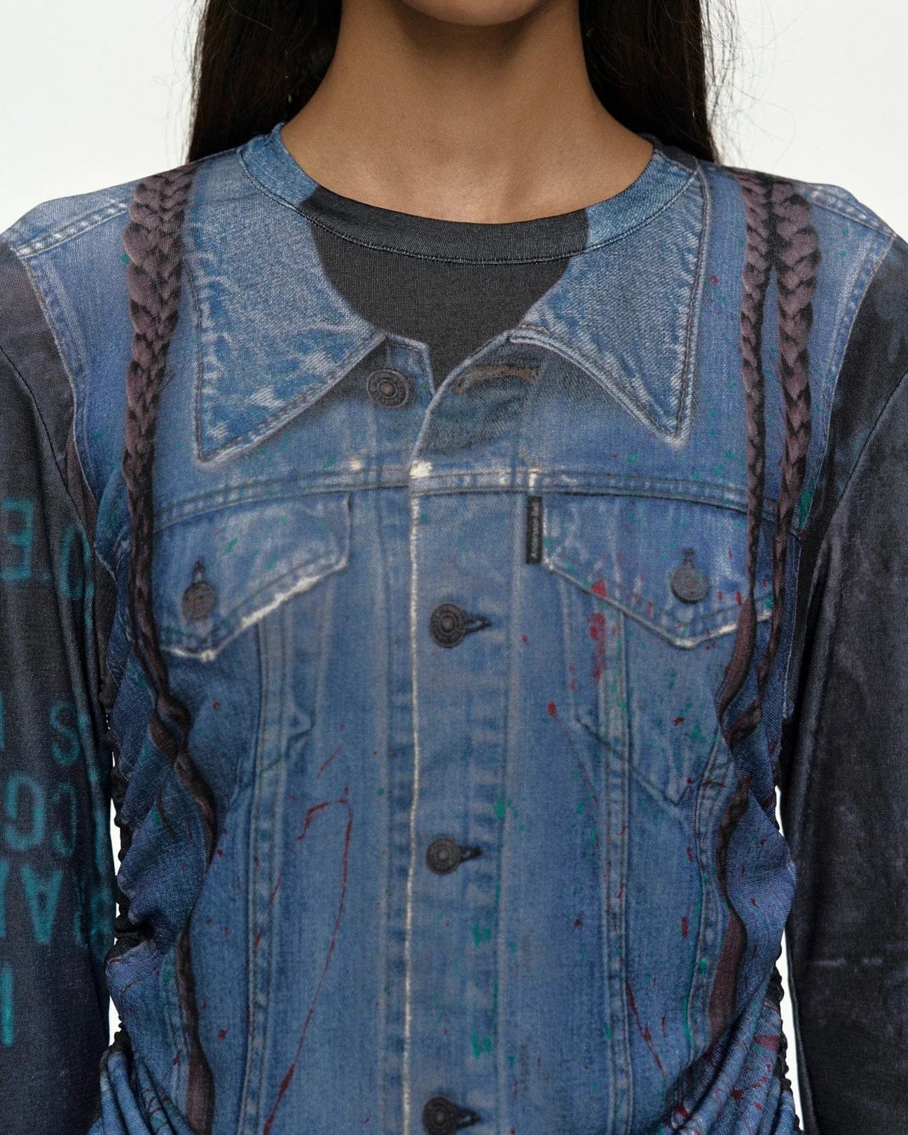 DENIM COLLAGE PRINTED TOP IN DARK NAVY