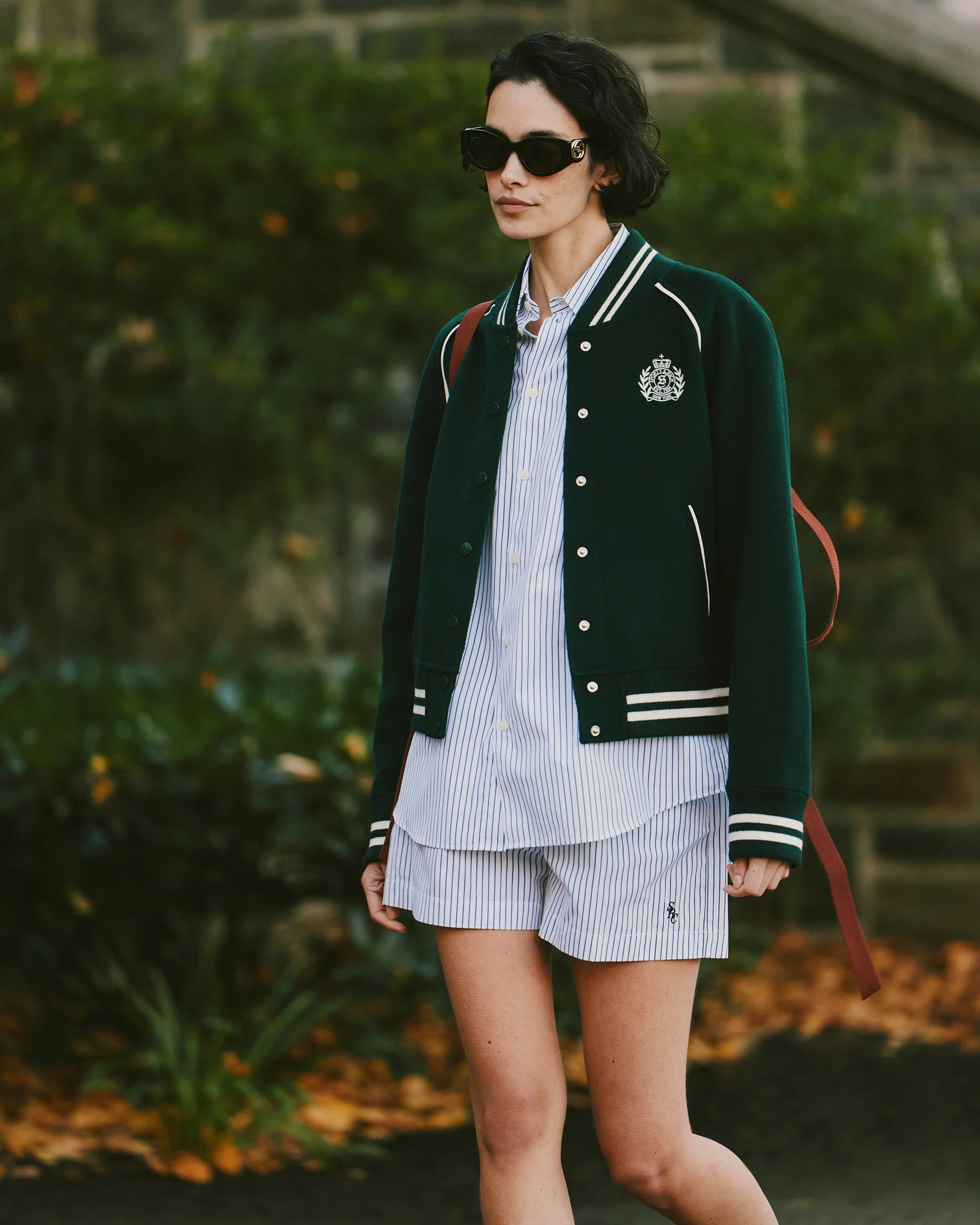 H&W CREST DOUBLE FACE VARSITY JACKET IN FOREST