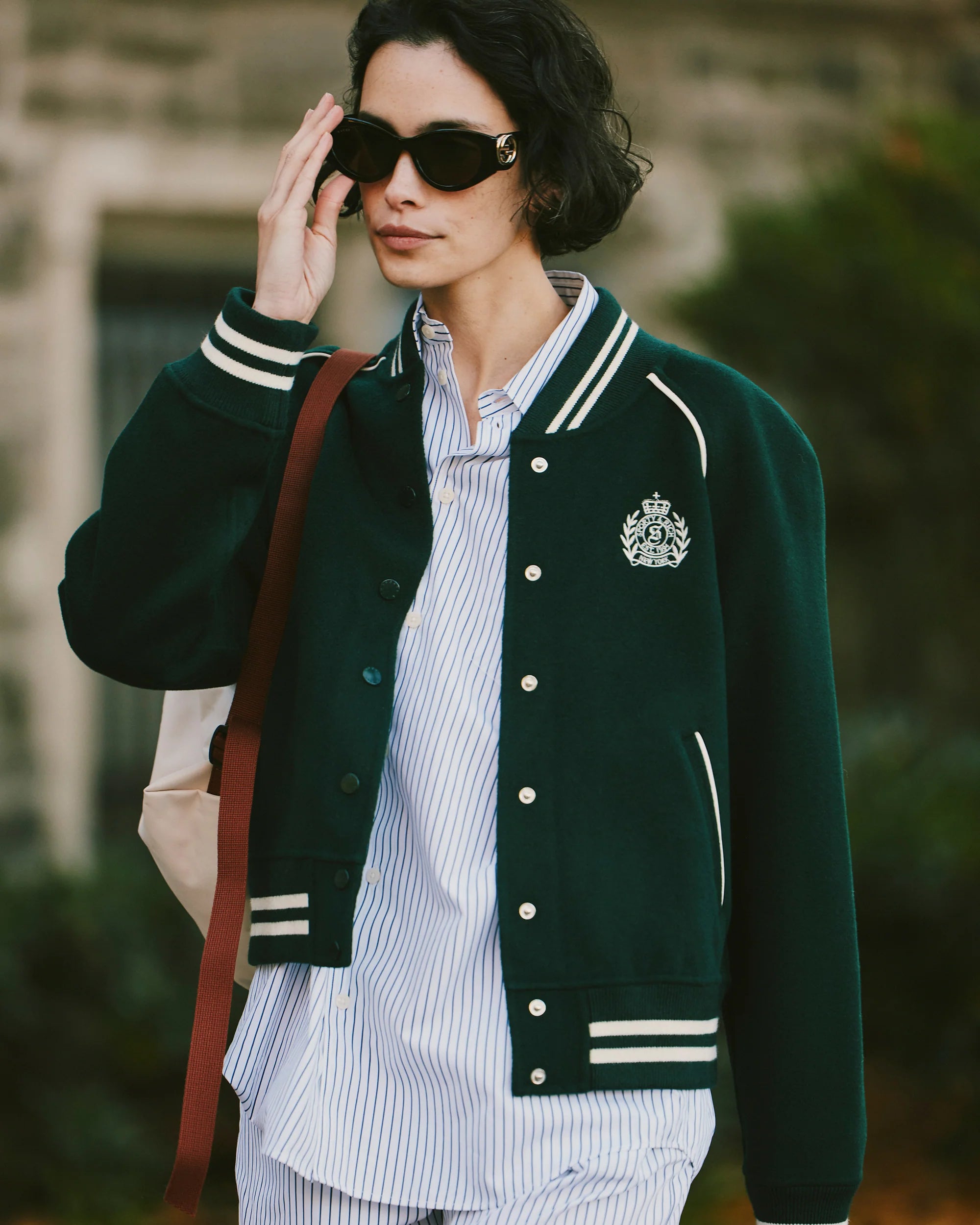H&W CREST DOUBLE FACE VARSITY JACKET IN FOREST