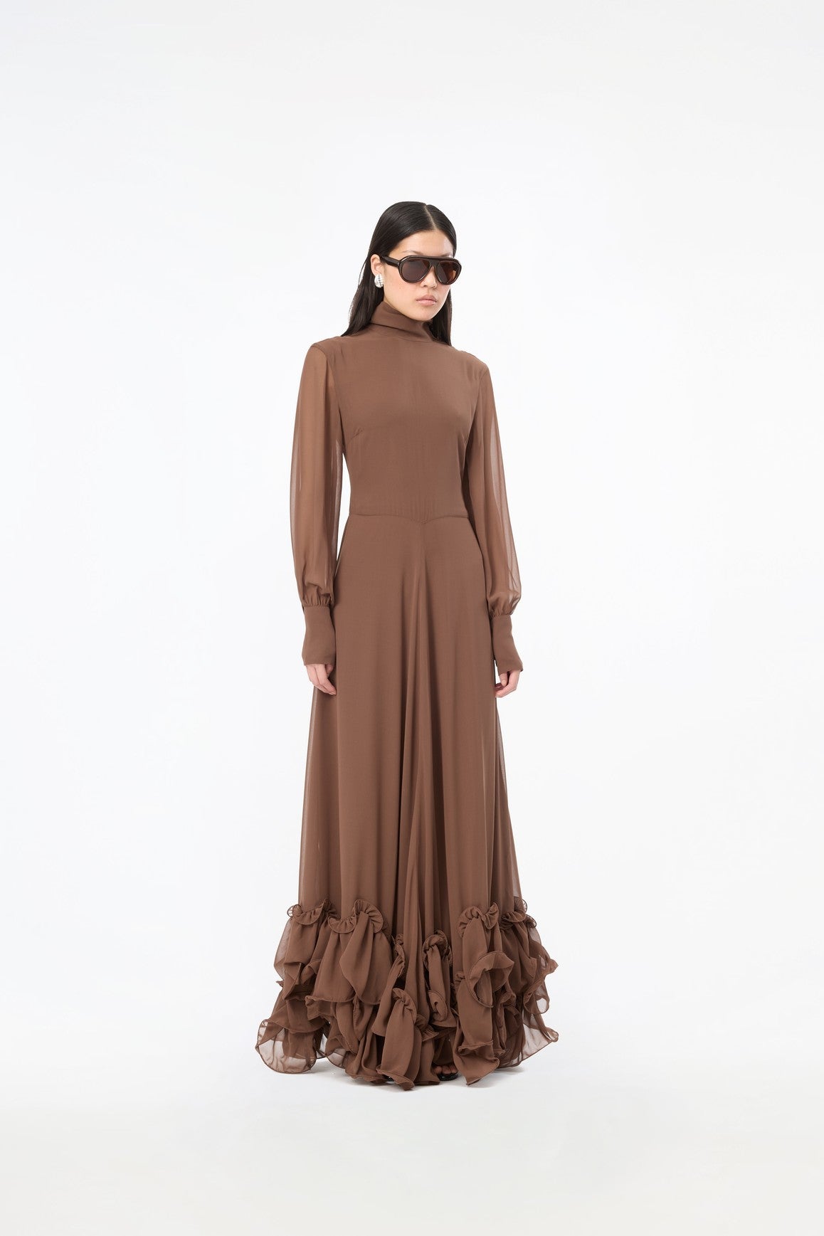 RUFFLE MAXI DRESS CHESTNUT