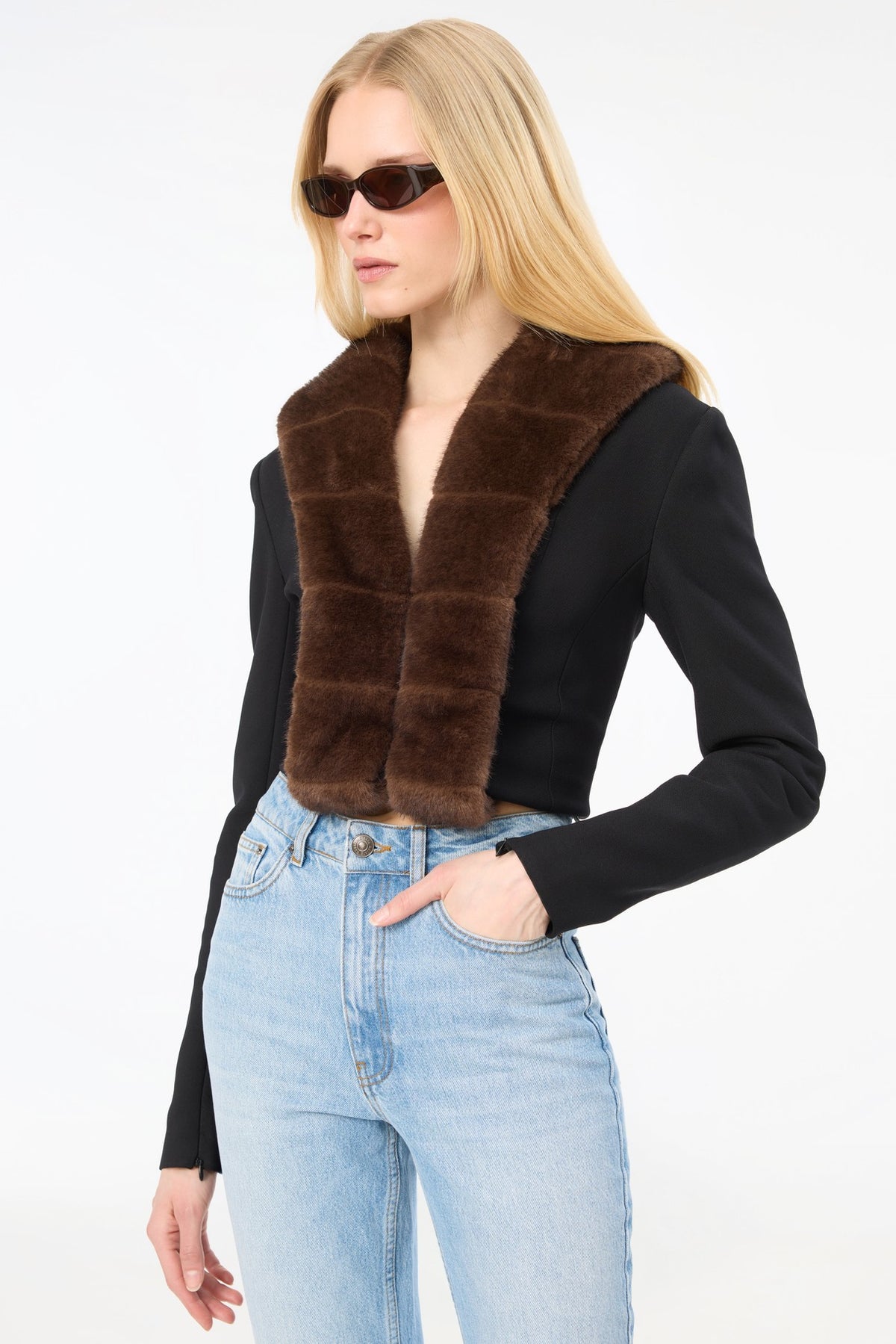 FAUX FUR COLLAR CARDIGAN BLACK
