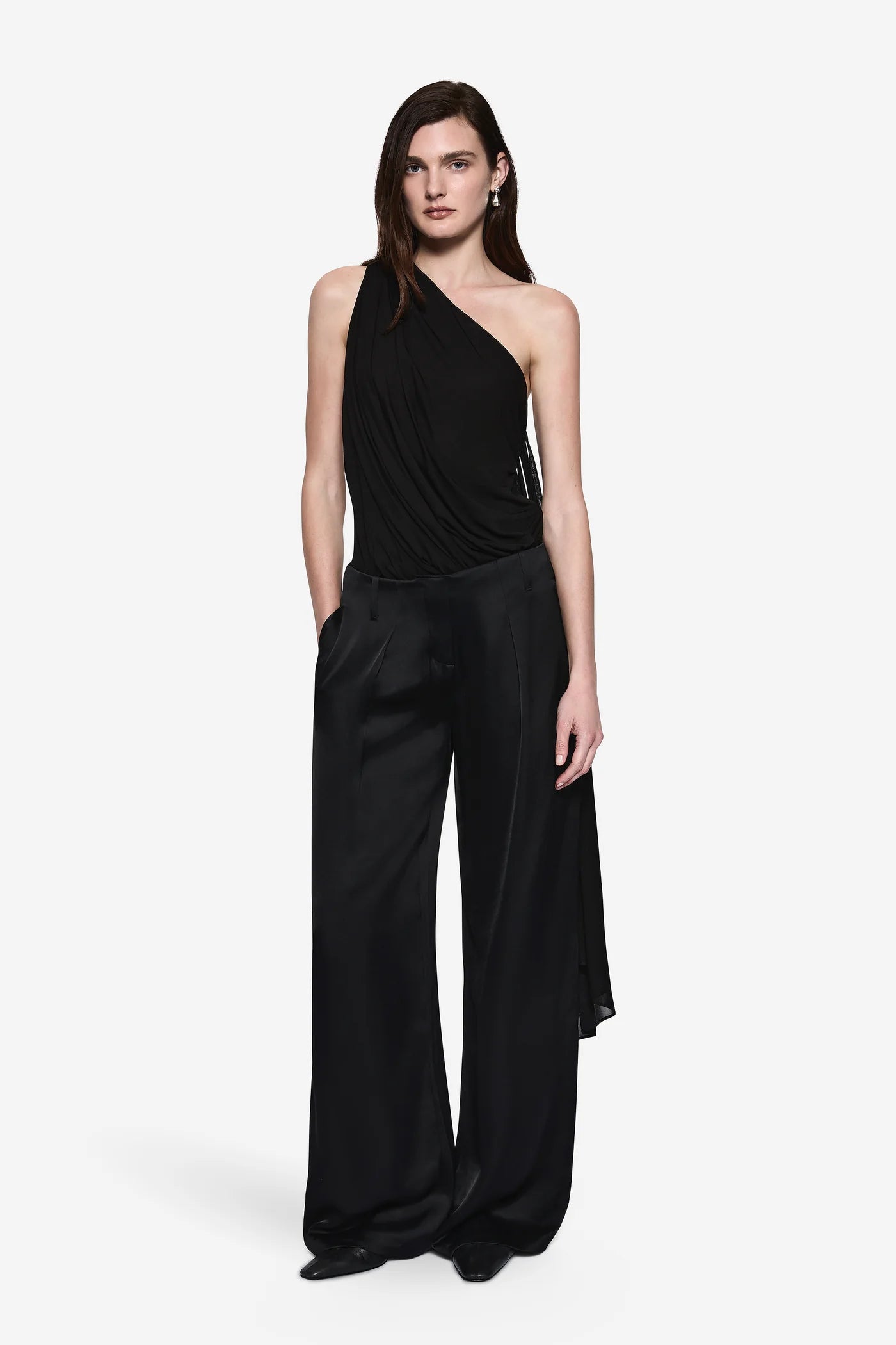 DRAPE JERSEY BODYSUIT IN BLACK