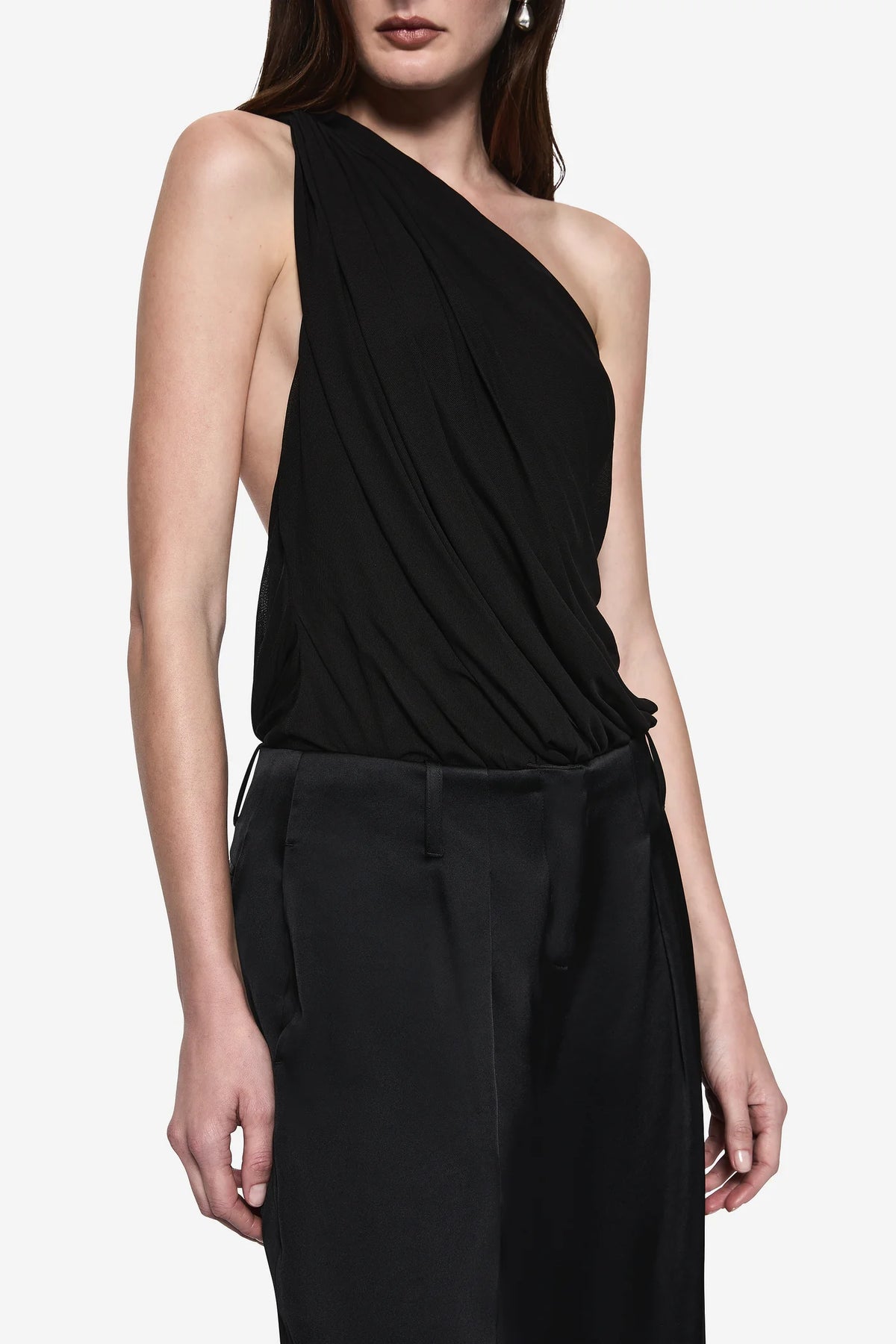 DRAPE JERSEY BODYSUIT IN BLACK