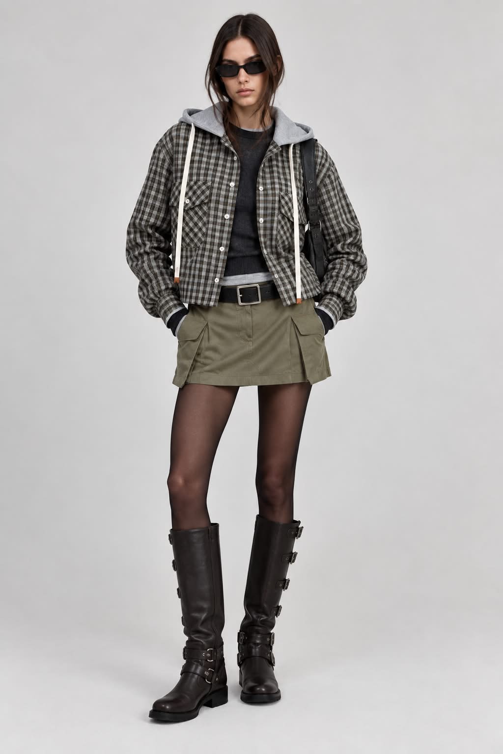 HOODED SHIRT IN BLACK/KHAKI