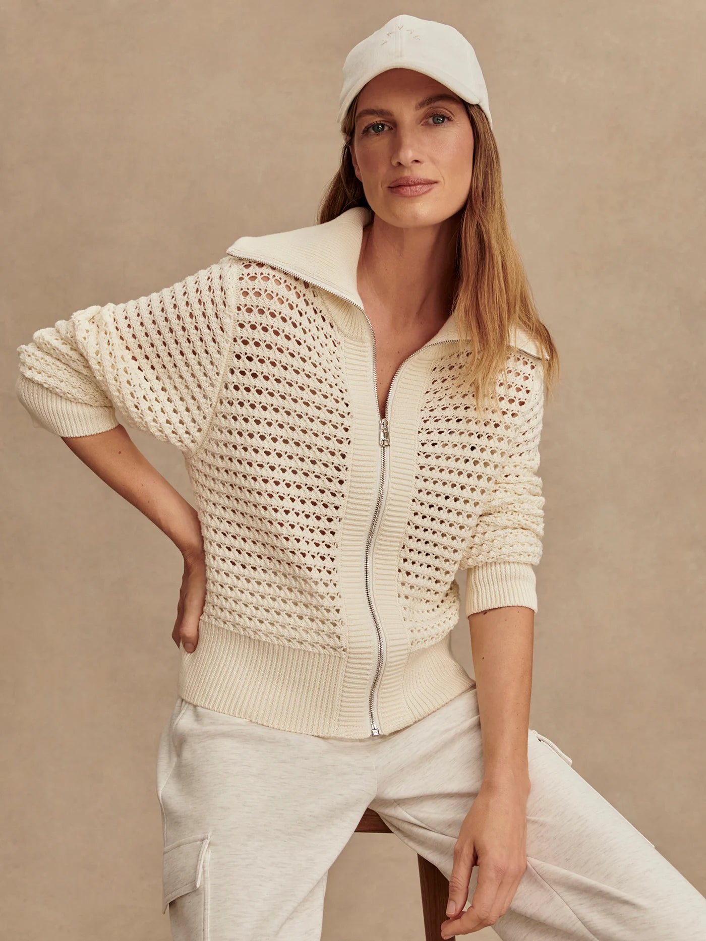 ELOISE FULL ZIP KNIT IN EGRET