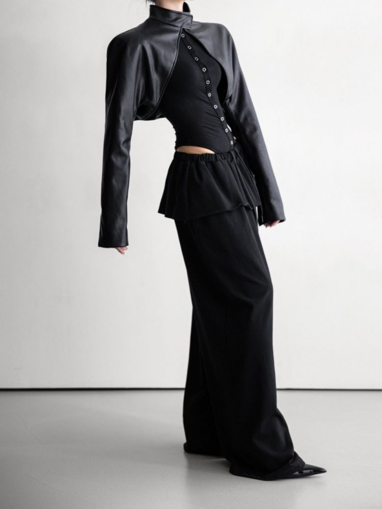 VEGAN LEATHER CROPPED BOLERO JACKET IN BLACK