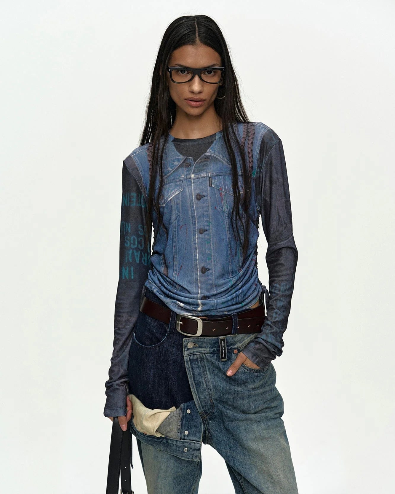 DENIM COLLAGE PRINTED TOP IN DARK NAVY