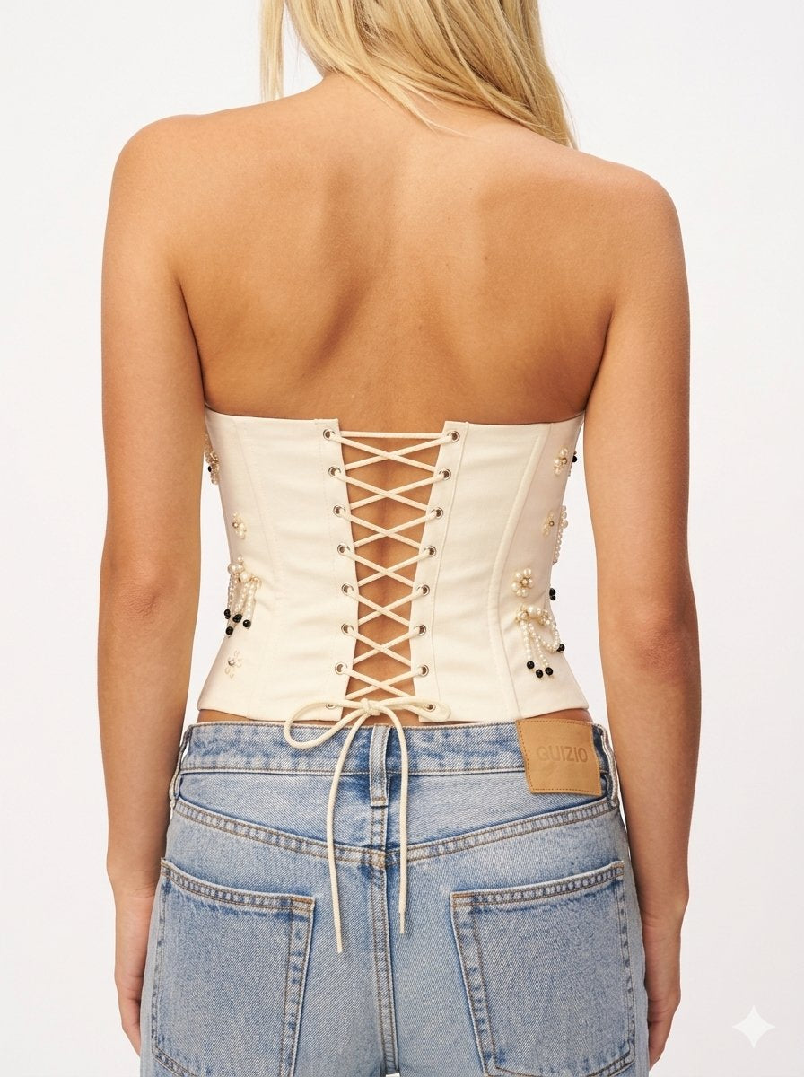 EMBELLISHED SATIN CORSET IN IVORY