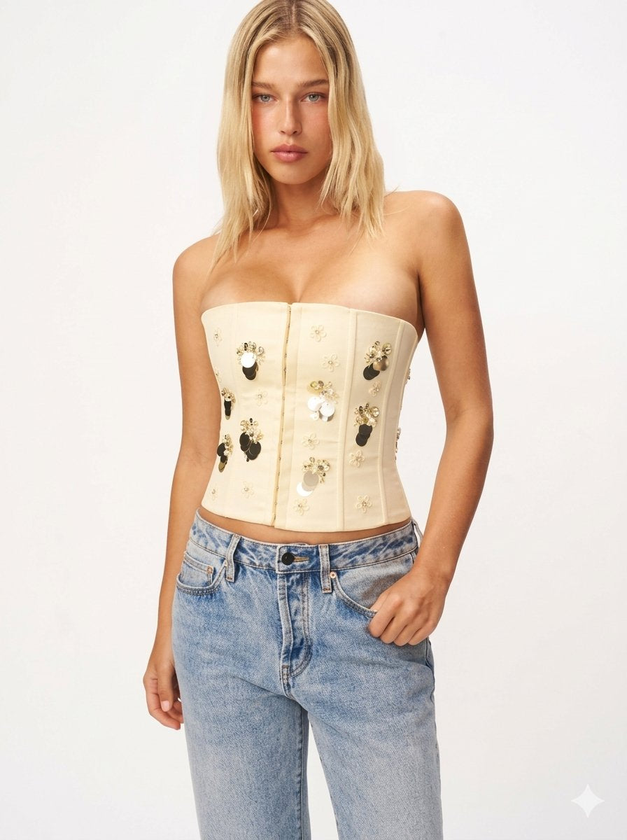 EMBELLISHED SATIN CORSET IN IVORY