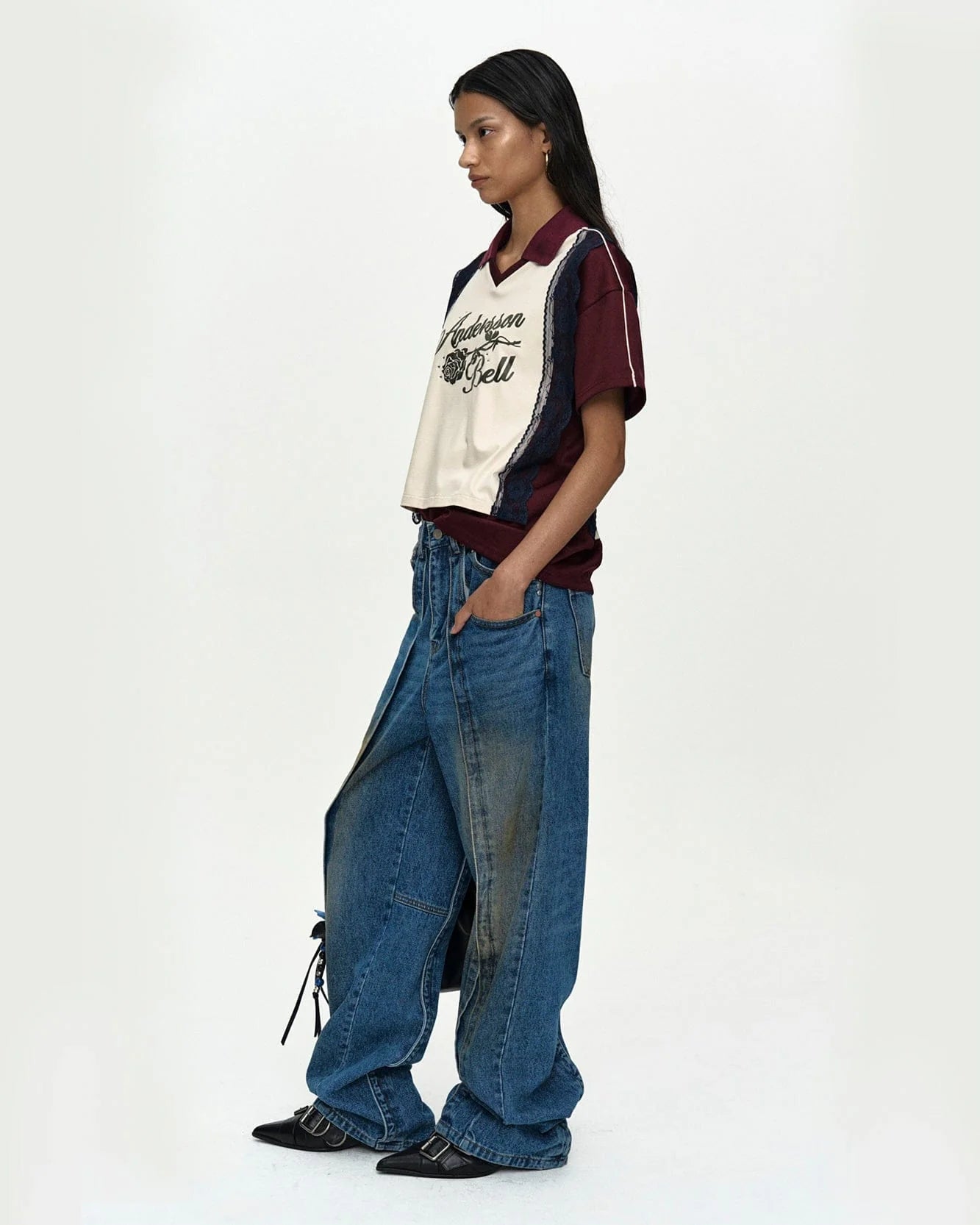 LACE TRIMMED POLO JERSEY TOP