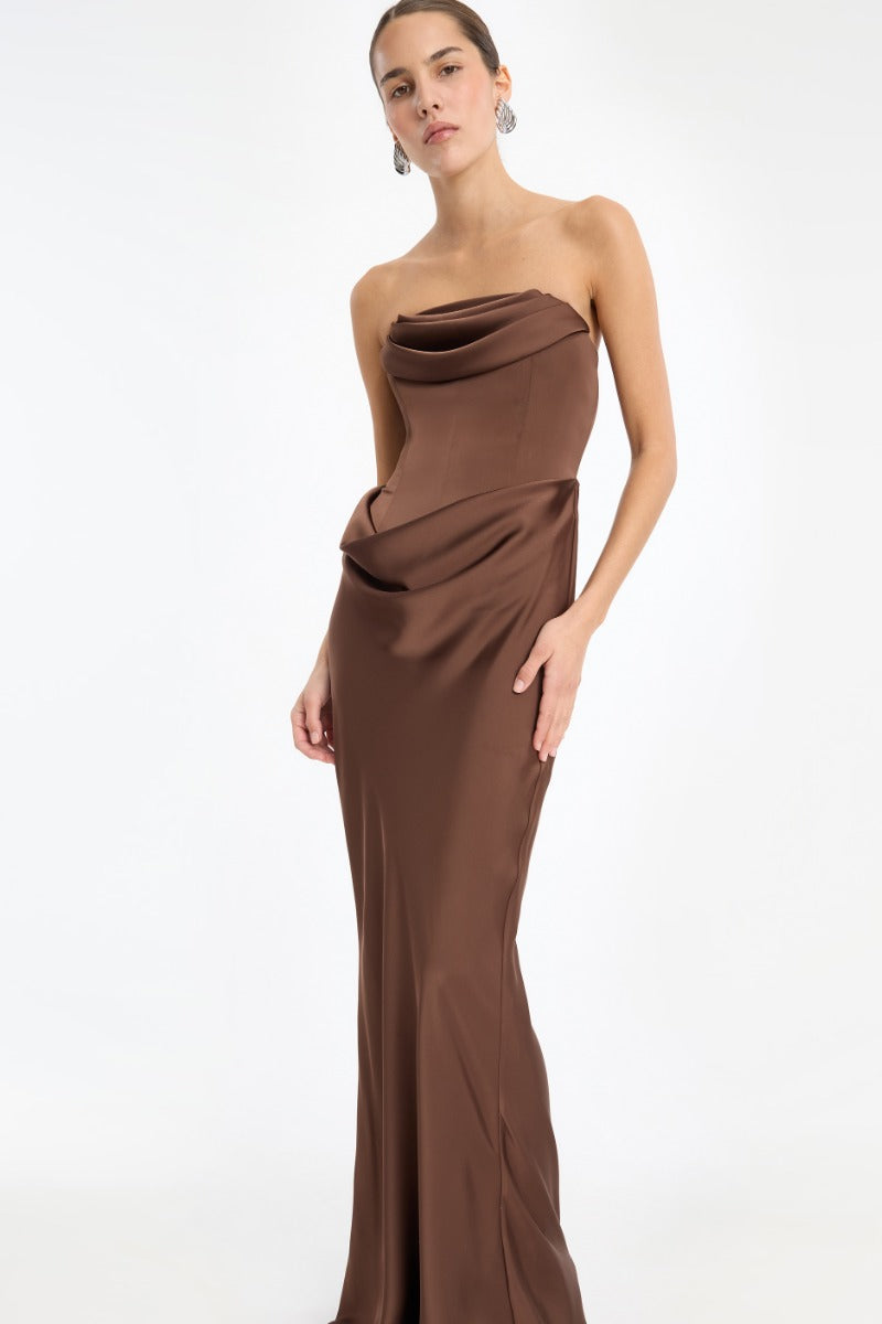 CORSAGE LONG DRESS CHICORY COFFEE